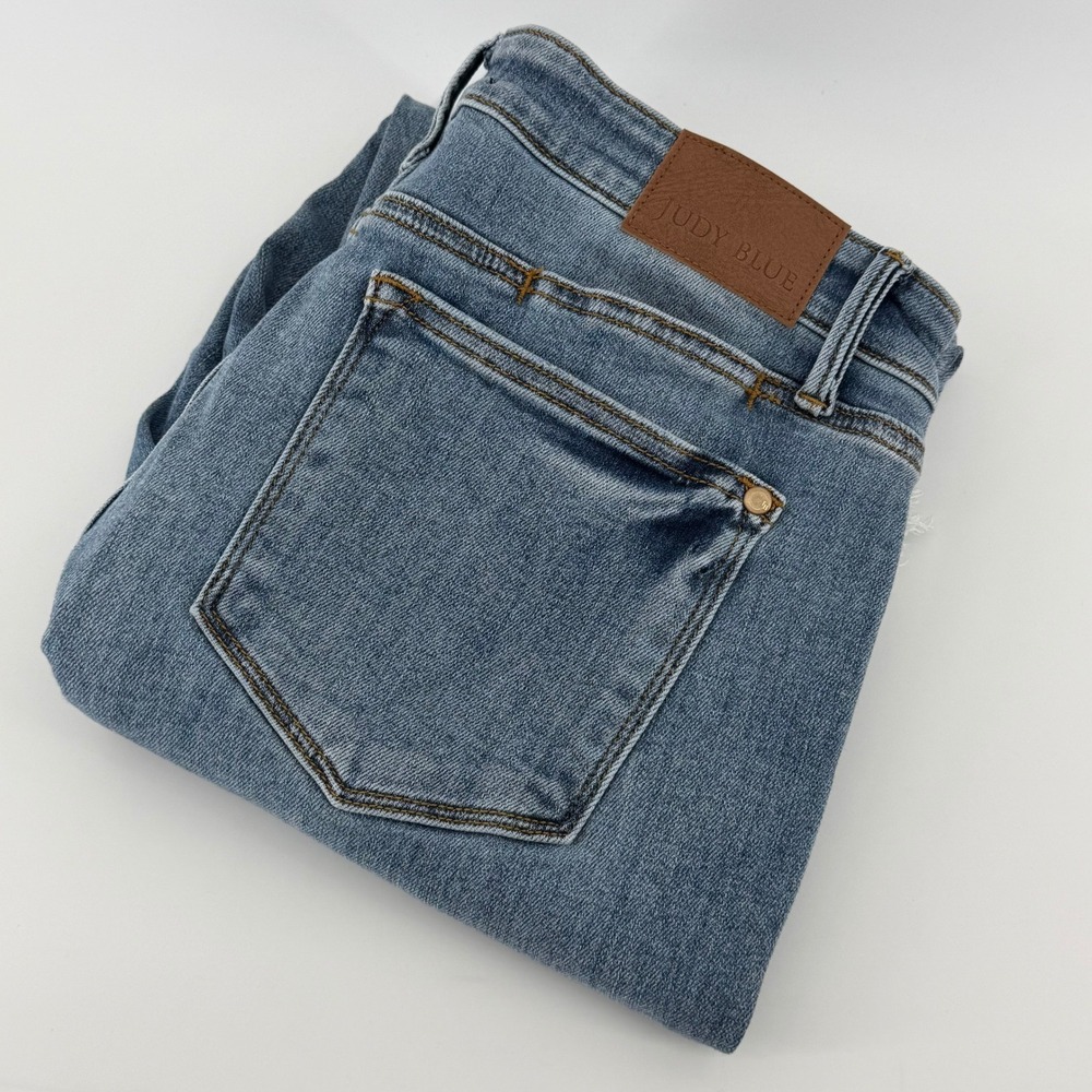 Judy Blue Dad Jeans Medium Wash High Rise Straight Leg Raw Hem Distressed 33x29